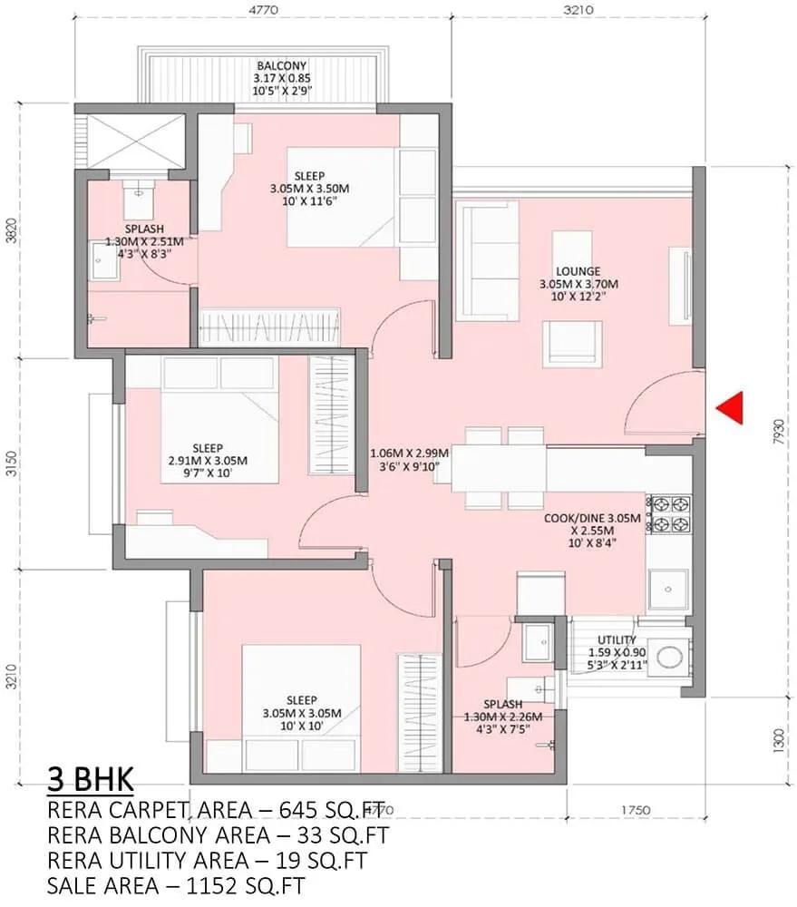 Godrej Royale Woods 3 BHK floor plan, about 1,152 sq ft