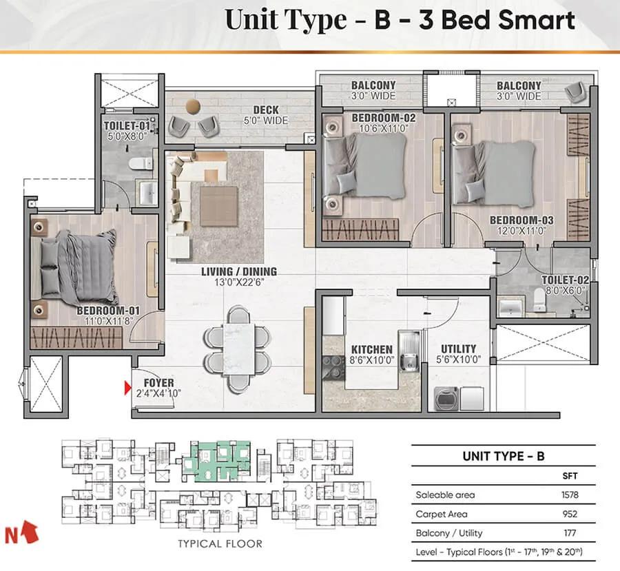 Prestige Camden Gardens 3 BHK floor plan, about 1,578 sq ft