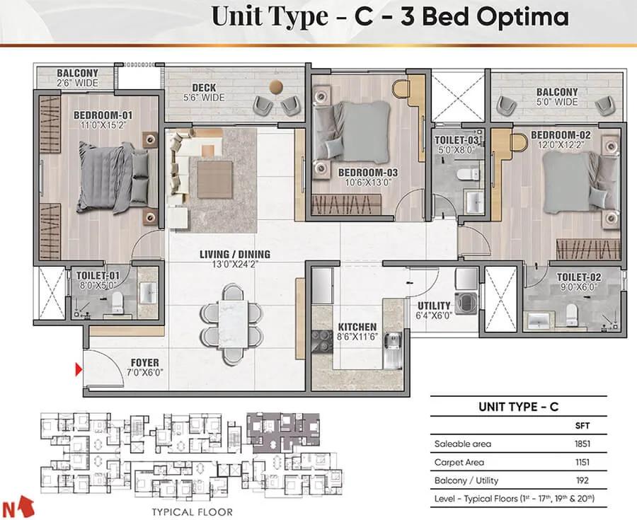 Prestige Camden Gardens 3 BHK floor plan, about 1,851 sq ft