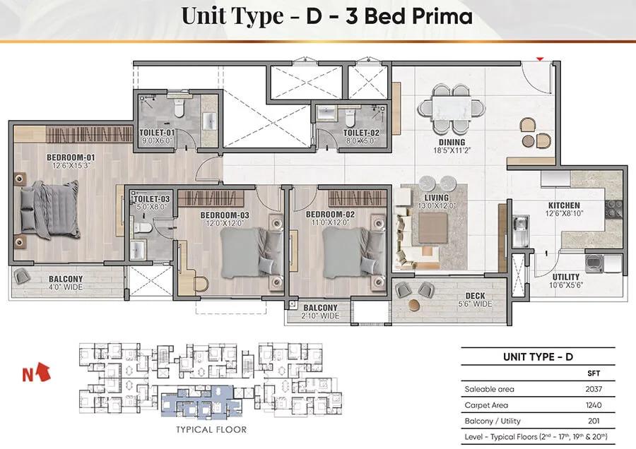 Prestige Camden Gardens 3 BHK floor plan, about 2,037 sq ft
