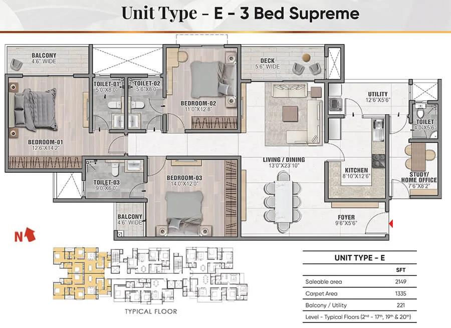 Prestige Camden Gardens 3 BHK floor plan, about 2,149 sq ft