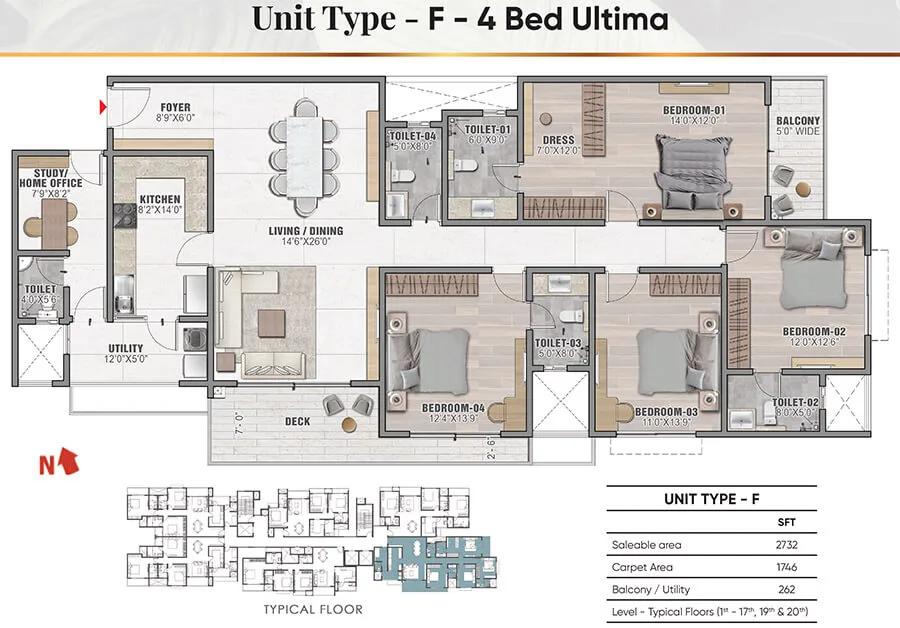 Prestige Camden Gardens 4 BHK floor plan, about 2,732 sq ft