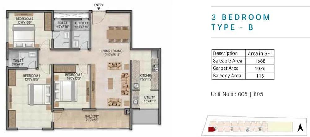 Century Horizon 3 BHK floor plan, about 1,668 sq ft