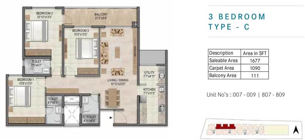 Century Horizon 3 BHK floor plan, about 1,677 sq ft