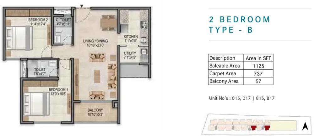 Century Horizon 2 BHK floor plan, about 1,125 sq ft