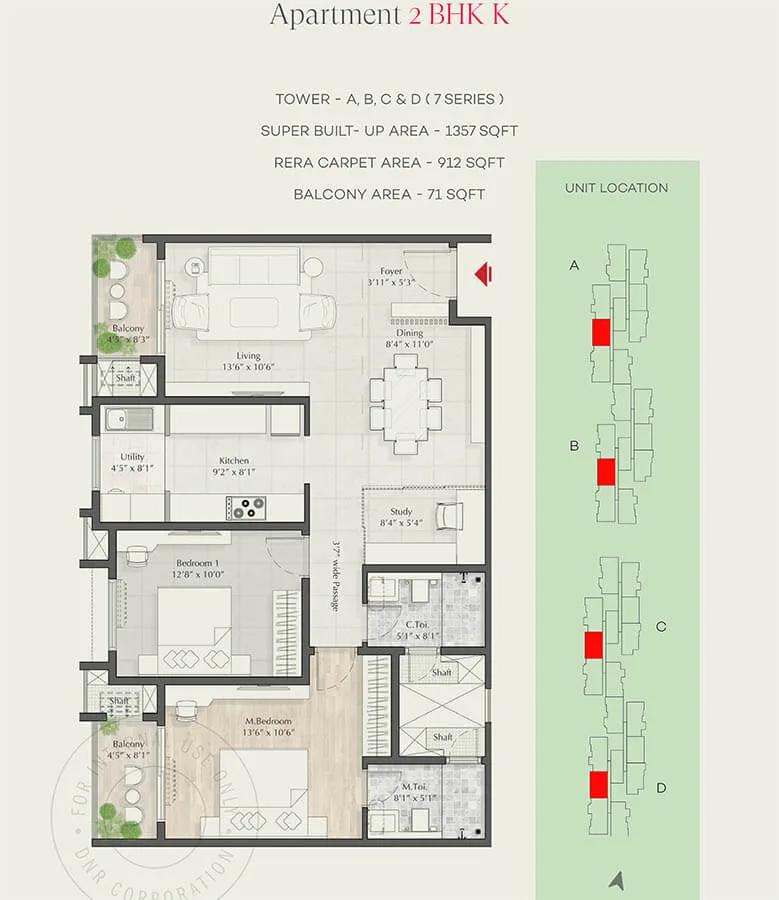 DNR Parklink Phase 2 2 BHK floor plan, about 1,357 sq ft