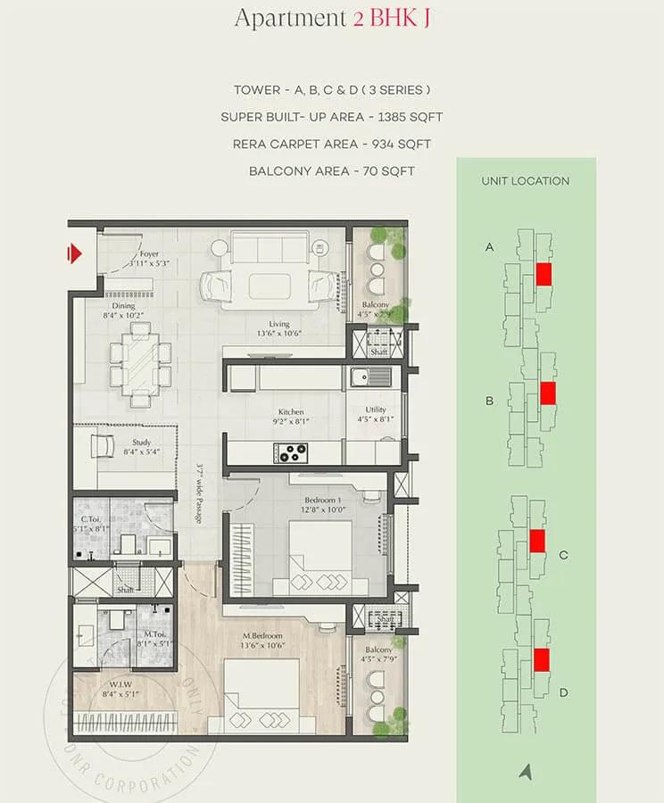 DNR Parklink Phase 2 2 BHK floor plan, about 1,385 sq ft