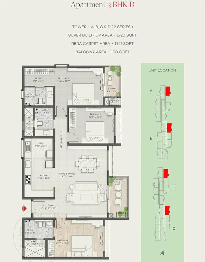 DNR Parklink Phase 2 3 BHK floor plan, about 1,720 sq ft