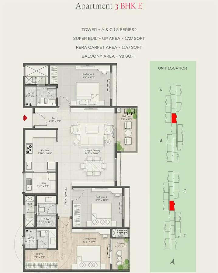 DNR Parklink Phase 2 3 BHK floor plan, about 1,727 sq ft
