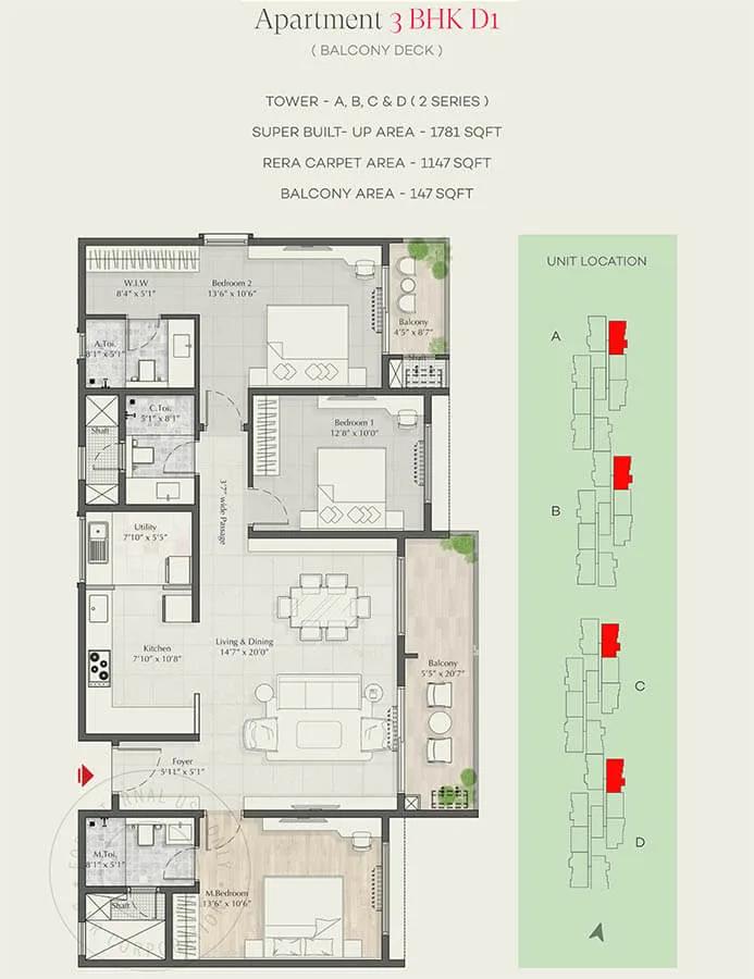 DNR Parklink Phase 2 3 BHK floor plan, about 1,781 sq ft