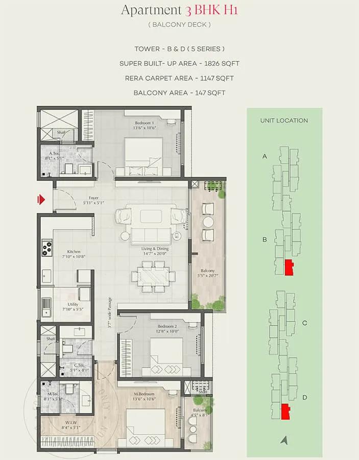 DNR Parklink Phase 2 3 BHK floor plan, about 1,826 sq ft