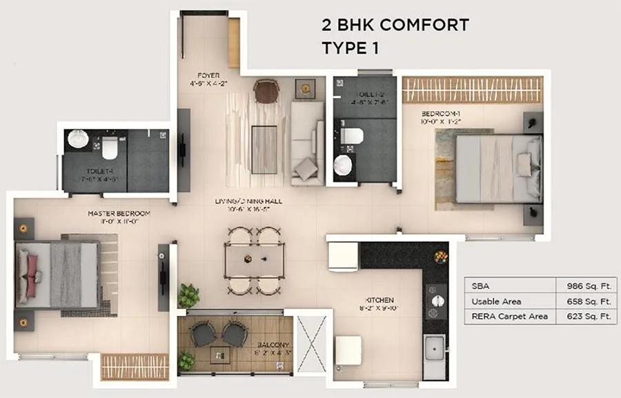 Provident Botanico 2 BHK floor plan, about 986 sq ft