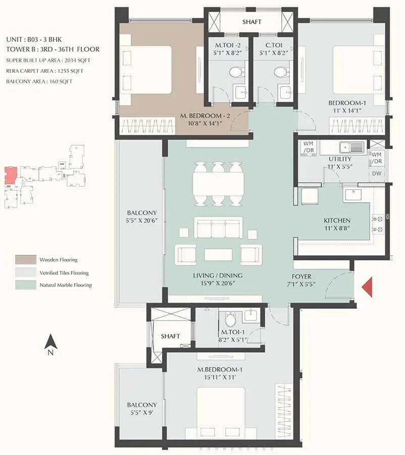 DNR Highline 3 BHK floor plan, about 2,034 sq ft