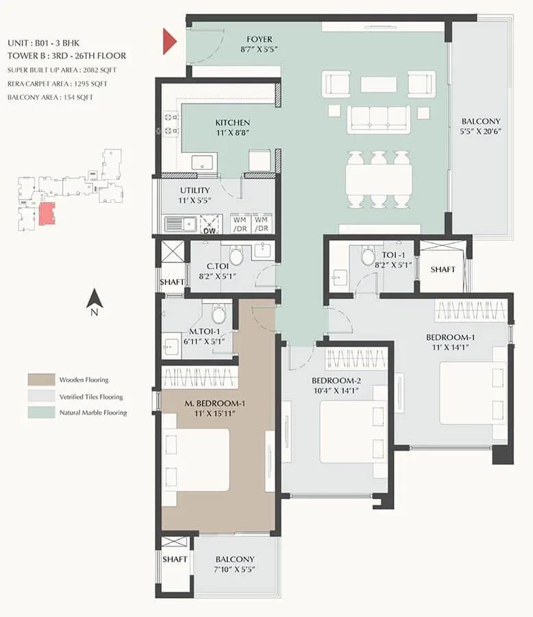 DNR Highline 3 BHK floor plan, about 2,082 sq ft