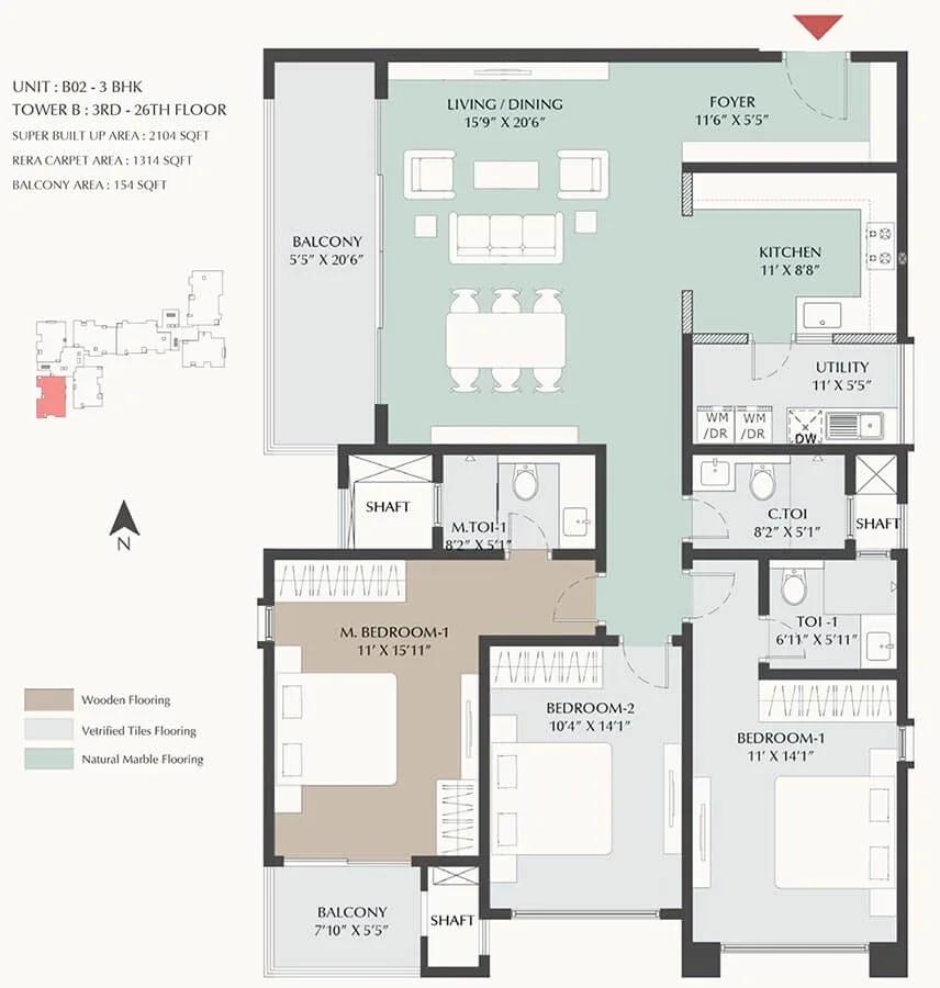 DNR Highline 3 BHK floor plan, about 2,104 sq ft