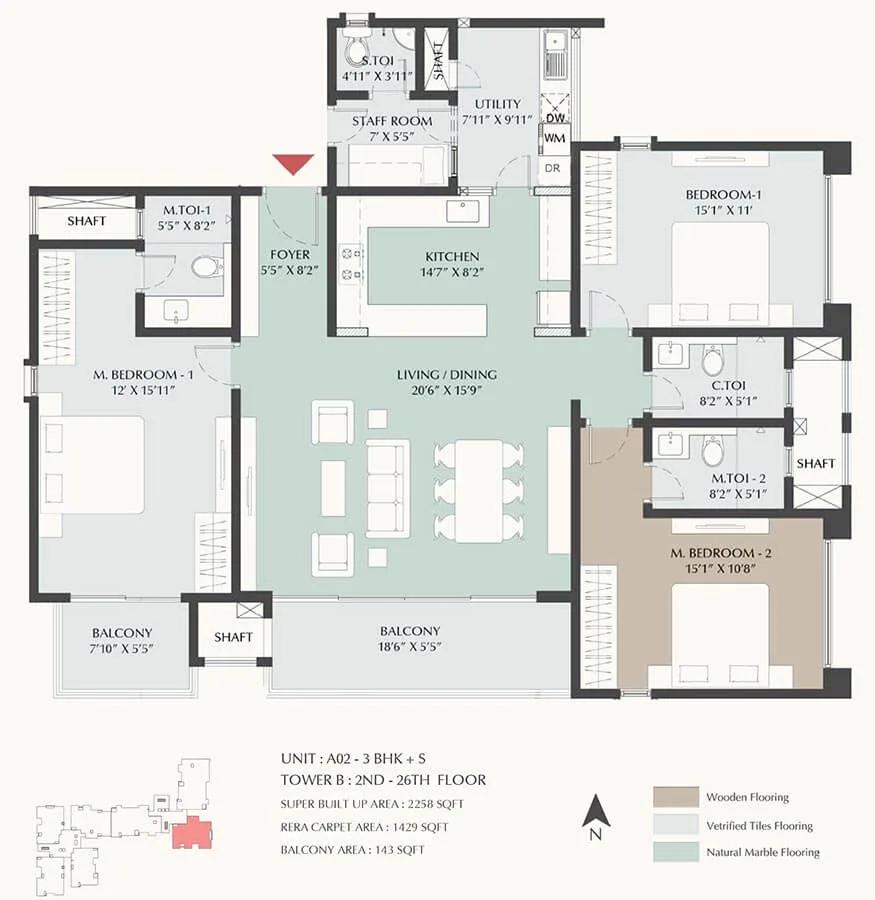 DNR Highline 3 BHK floor plan, about 2,258 sq ft