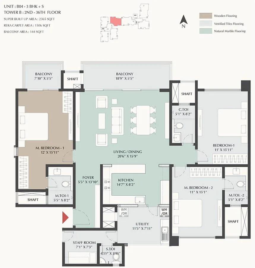 DNR Highline 3 BHK floor plan, about 2,365 sq ft
