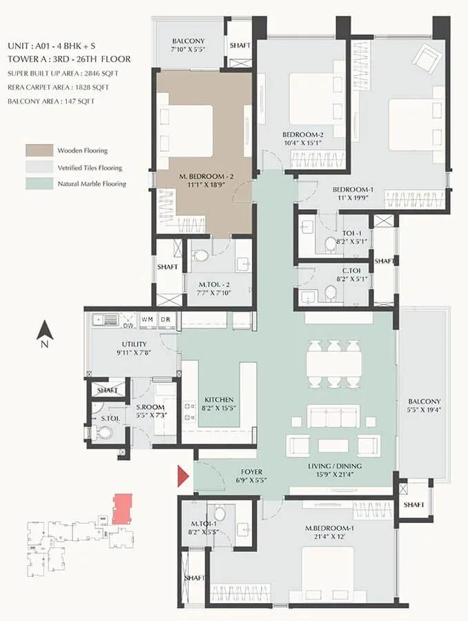 DNR Highline 4 BHK floor plan, about 2,846 sq ft