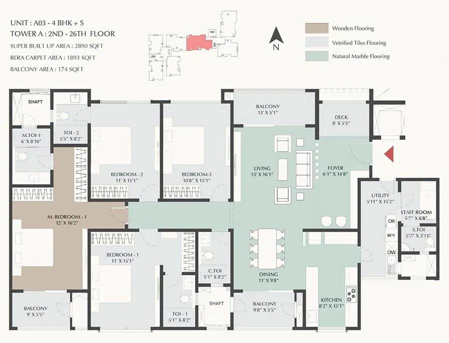 DNR Highline 4 BHK floor plan, about 2,890 sq ft