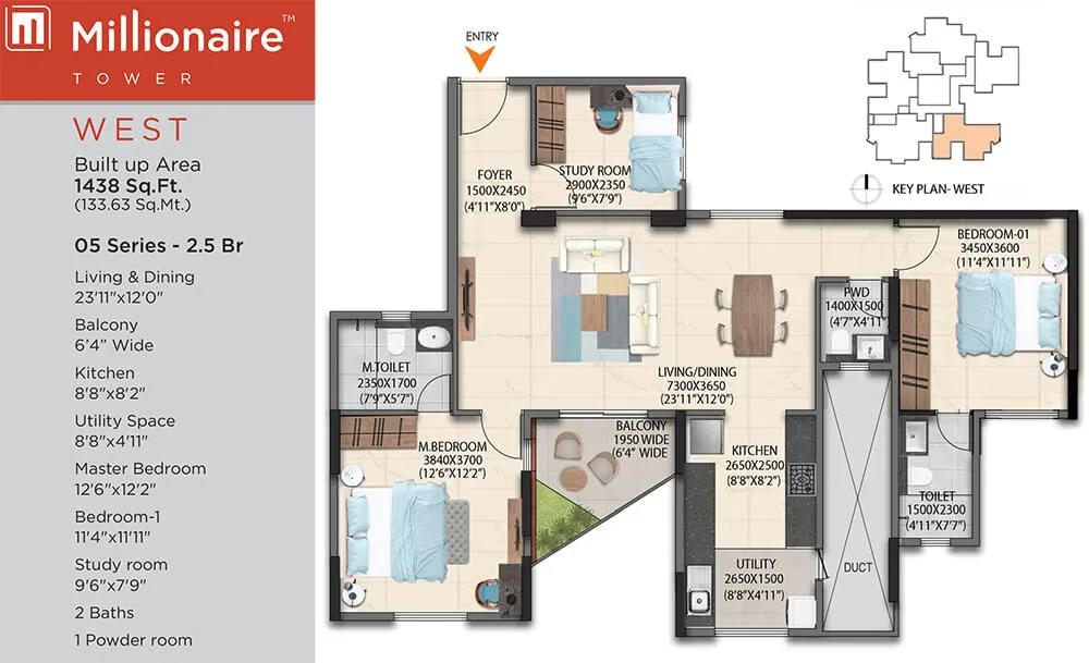 Artismo Millionaire Tower 2.5 BHK floor plan, about 1,438 sq ft
