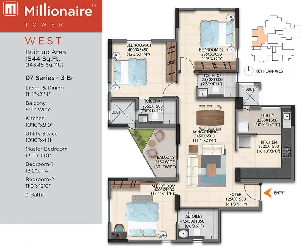 Artismo Millionaire Tower 3 BHK floor plan, about 1,544 sq ft