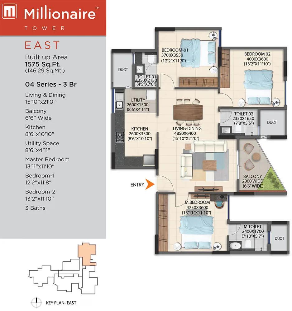 Artismo Millionaire Tower 3 BHK floor plan, about 1,575 sq ft