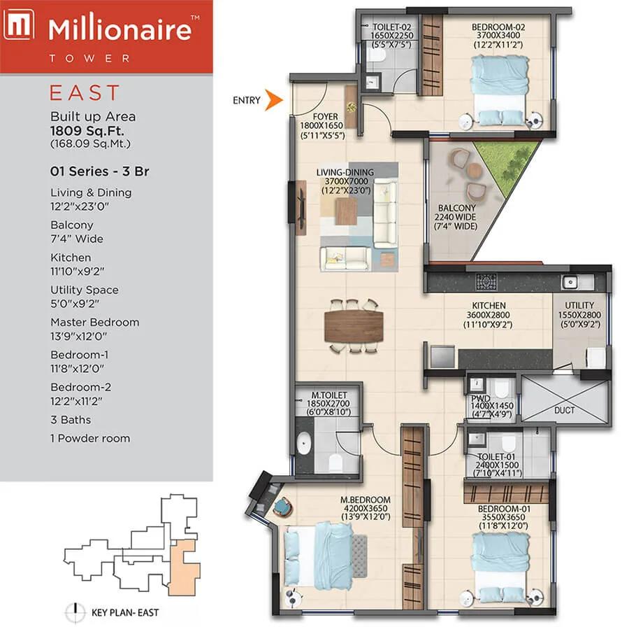 Artismo Millionaire Tower 3 BHK floor plan, about 1,809 sq ft