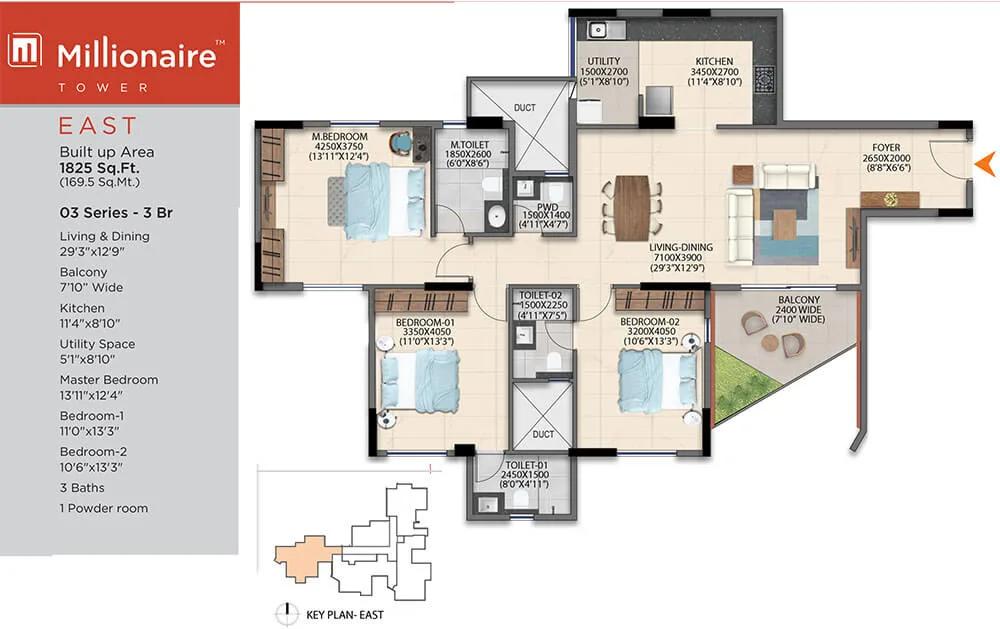 Artismo Millionaire Tower 3 BHK floor plan, about 1,825 sq ft