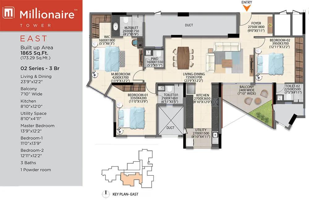 Artismo Millionaire Tower 3 BHK floor plan, about 1,865 sq ft