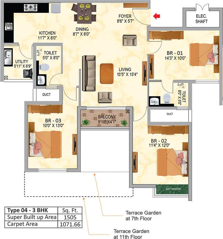 SNN Raj Serenity Gardens 3 BHK floor plan, about 1,505 sq ft