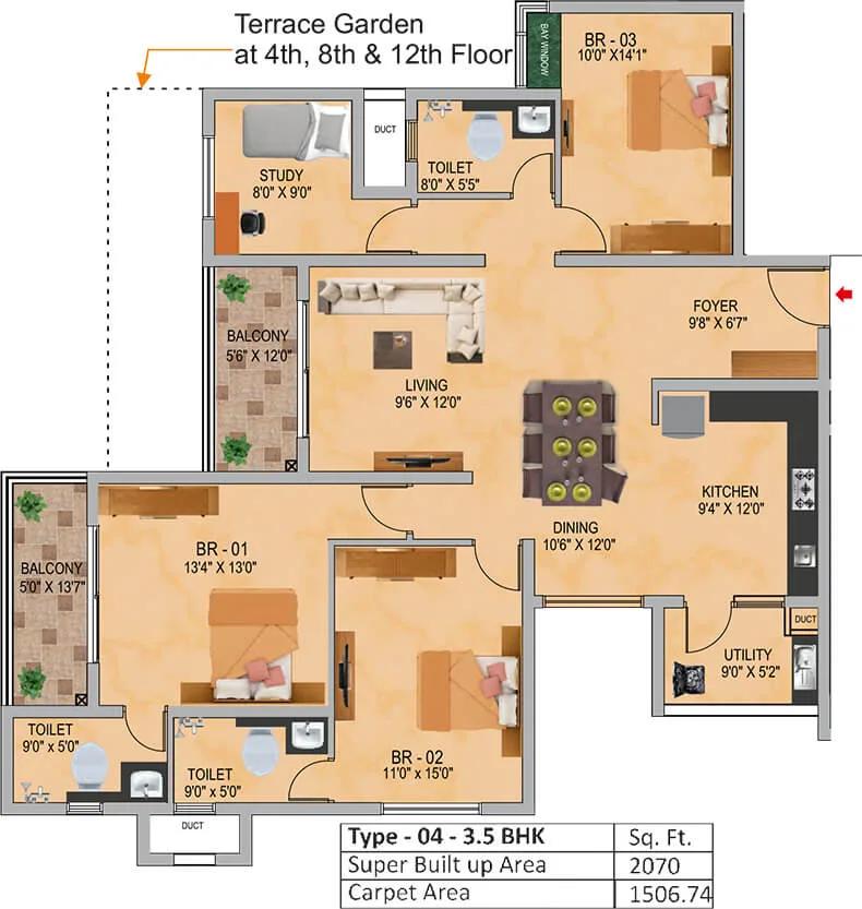 SNN Raj Serenity Gardens 3.5 BHK floor plan, about 2,070 sq ft