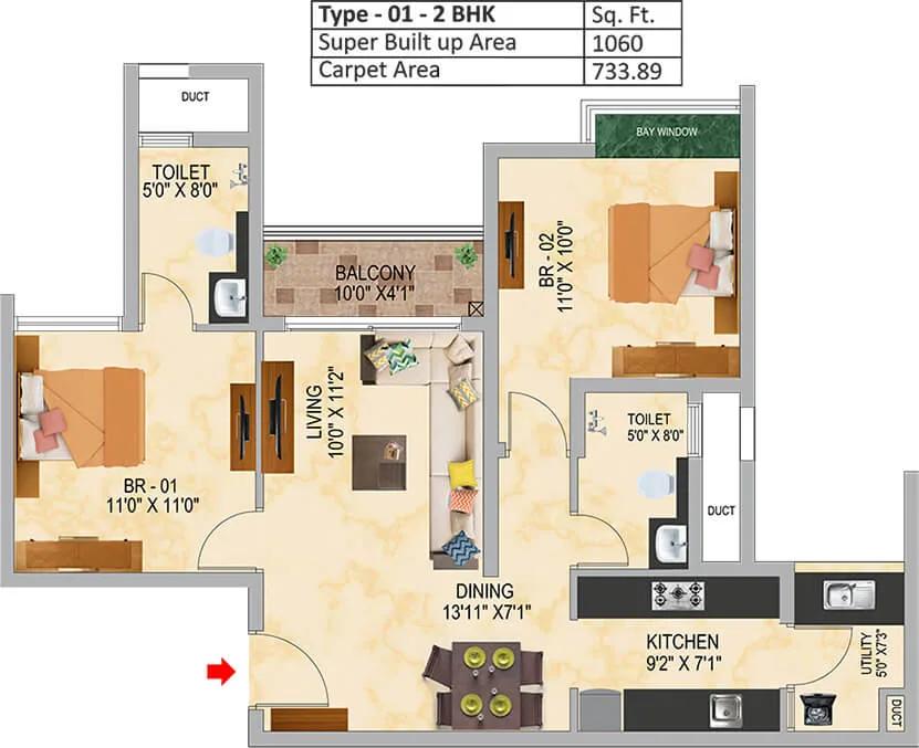 SNN Raj Serenity Gardens 2 BHK floor plan, about 1,060 sq ft