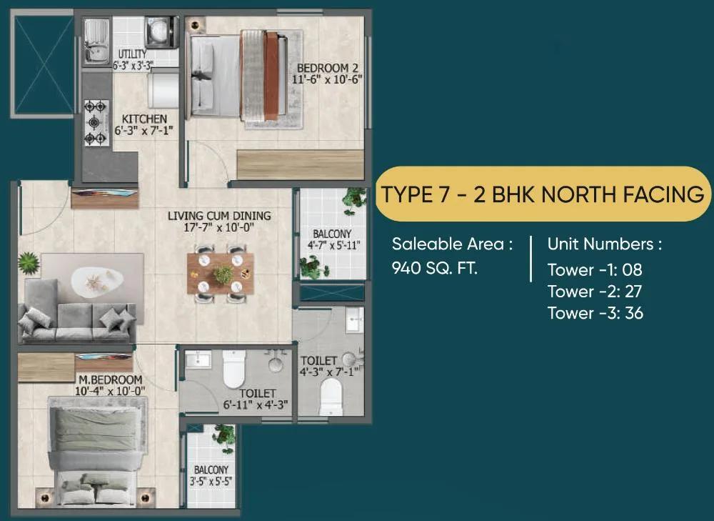 Sowparnika Rhythm of Rain 2 BHK floor plan, about 940 sq ft