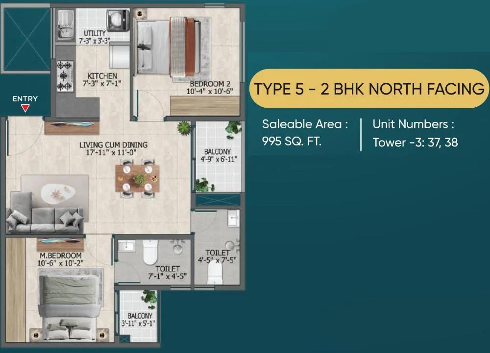 Sowparnika Rhythm of Rain 2 BHK floor plan, about 995 sq ft