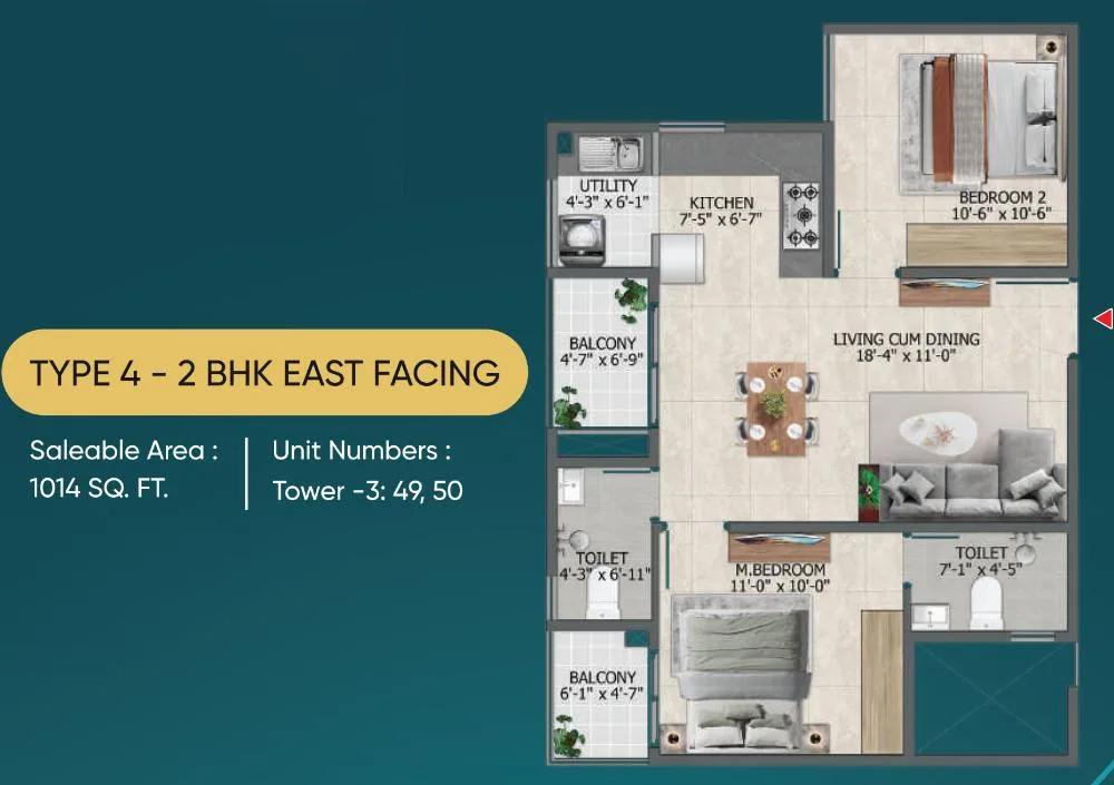 Sowparnika Rhythm of Rain 2 BHK floor plan, about 1,014 sq ft