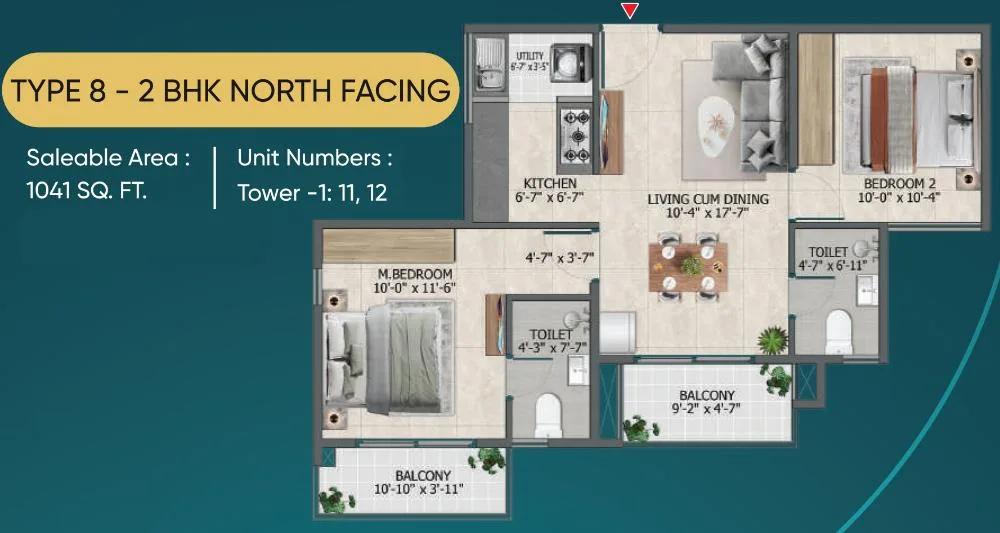 Sowparnika Rhythm of Rain 2 BHK floor plan, about 1,041 sq ft