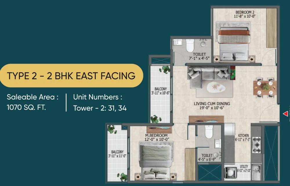Sowparnika Rhythm of Rain 2 BHK floor plan, about 1,070 sq ft