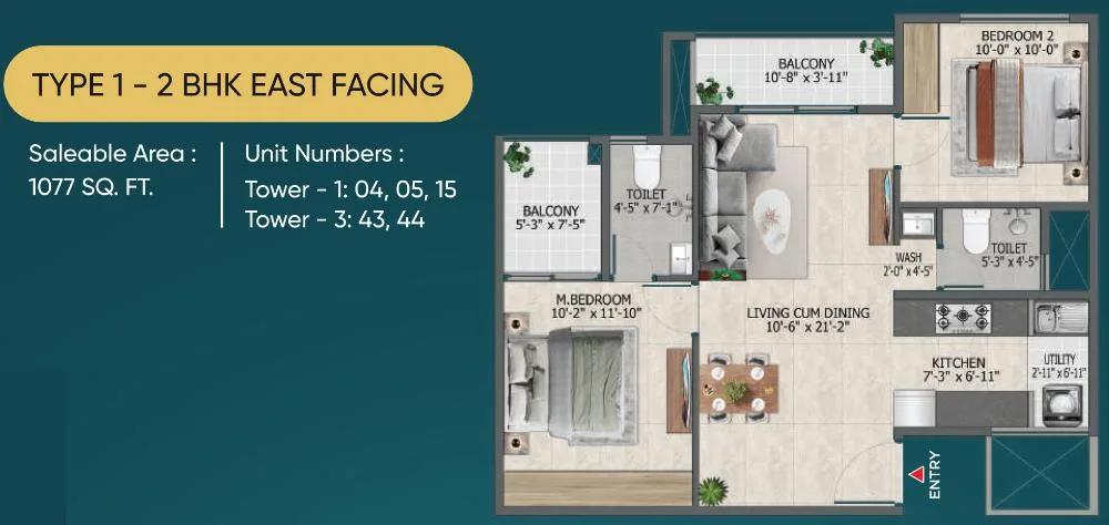 Sowparnika Rhythm of Rain 2 BHK floor plan, about 1,077 sq ft