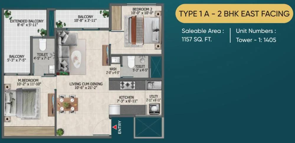 Sowparnika Rhythm of Rain 2 BHK floor plan, about 1,157 sq ft