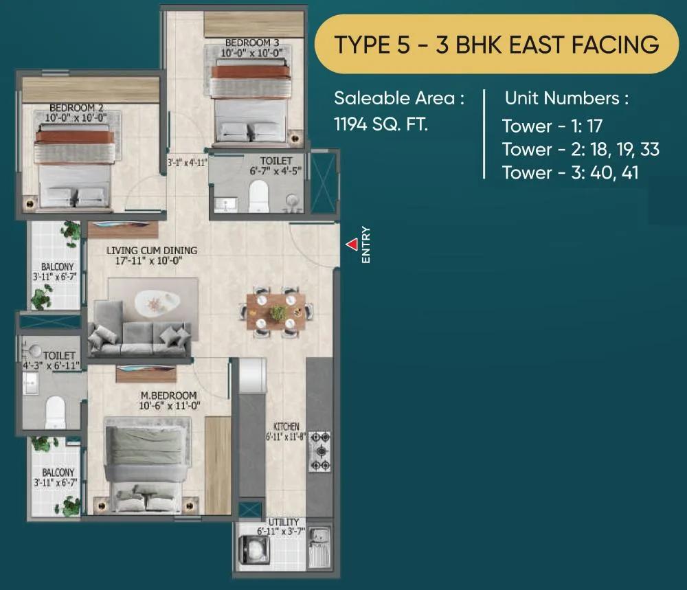 Sowparnika Rhythm of Rain 3 BHK floor plan, about 1,194 sq ft