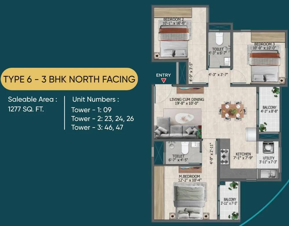 Sowparnika Rhythm of Rain 3 BHK floor plan, about 1,277 sq ft