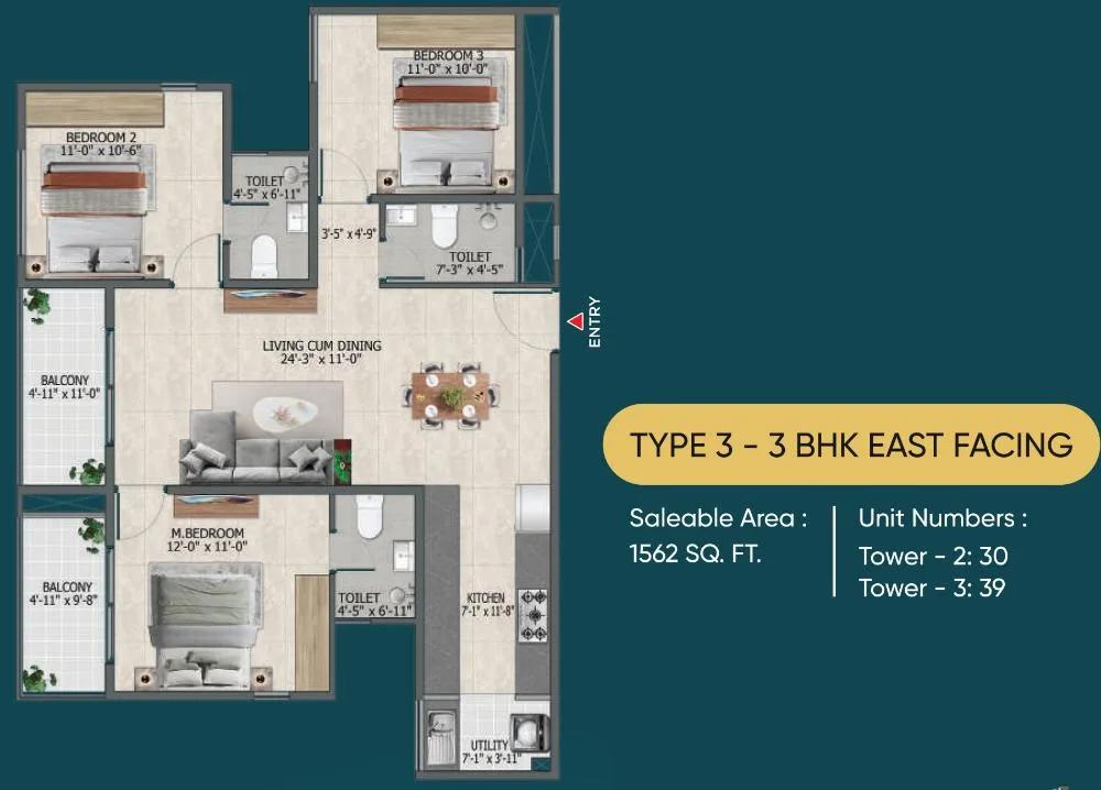 Sowparnika Rhythm of Rain 3 BHK floor plan, about 1,562 sq ft