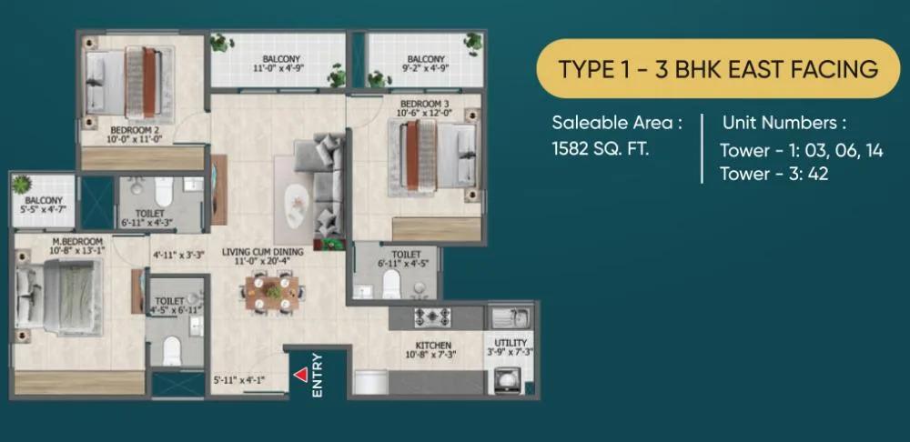 Sowparnika Rhythm of Rain 3 BHK floor plan, about 1,582 sq ft