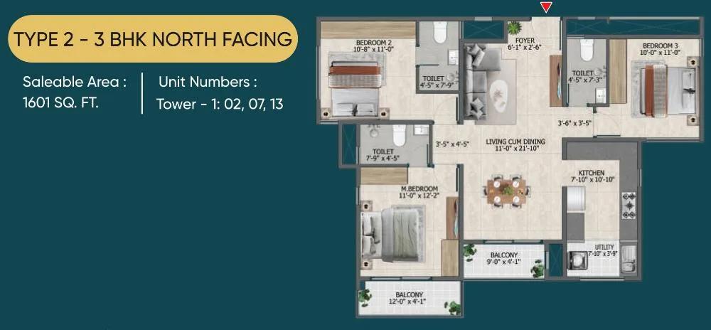 Sowparnika Rhythm of Rain 3 BHK floor plan, about 1,601 sq ft
