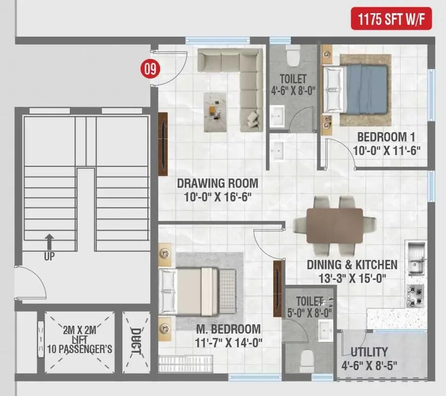 Amrutha Sagar 2 BHK floor plan, about 1,175 sq ft