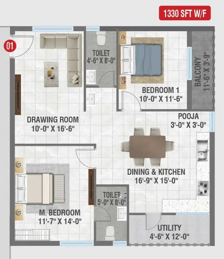 Amrutha Sagar 2 BHK floor plan, about 1,330 sq ft