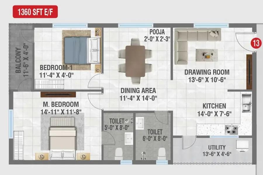Amrutha Sagar 2 BHK floor plan, about 1,360 sq ft
