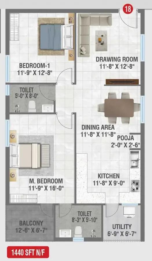 Amrutha Sagar 2 BHK floor plan, about 1,440 sq ft