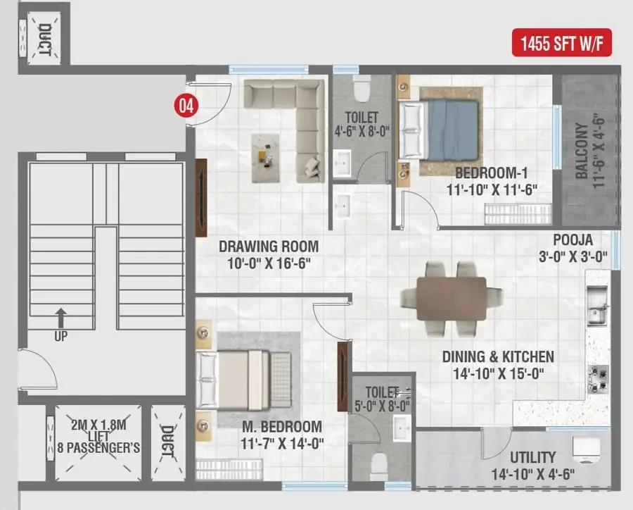Amrutha Sagar 2 BHK floor plan, about 1,455 sq ft