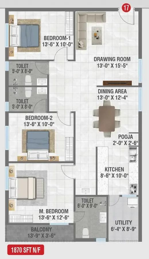 Amrutha Sagar 3 BHK floor plan, about 1,870 sq ft